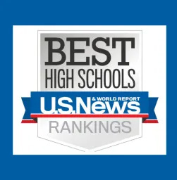 The official logo for U.S. News & World Report Best High Schools Rankings features bold text on a white and blue shield background.